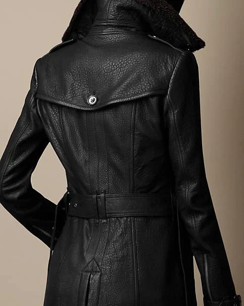 Abrigo de Invierno de Mujer Elegante Cuero con Botones