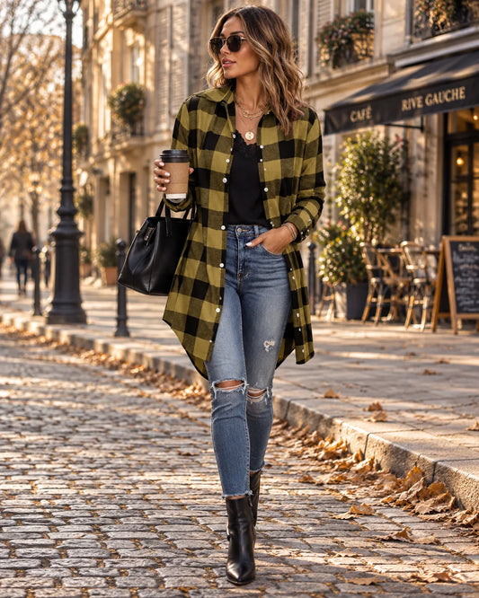 Chaqueta de Mujer Casual de Cuadros con Manga Larga