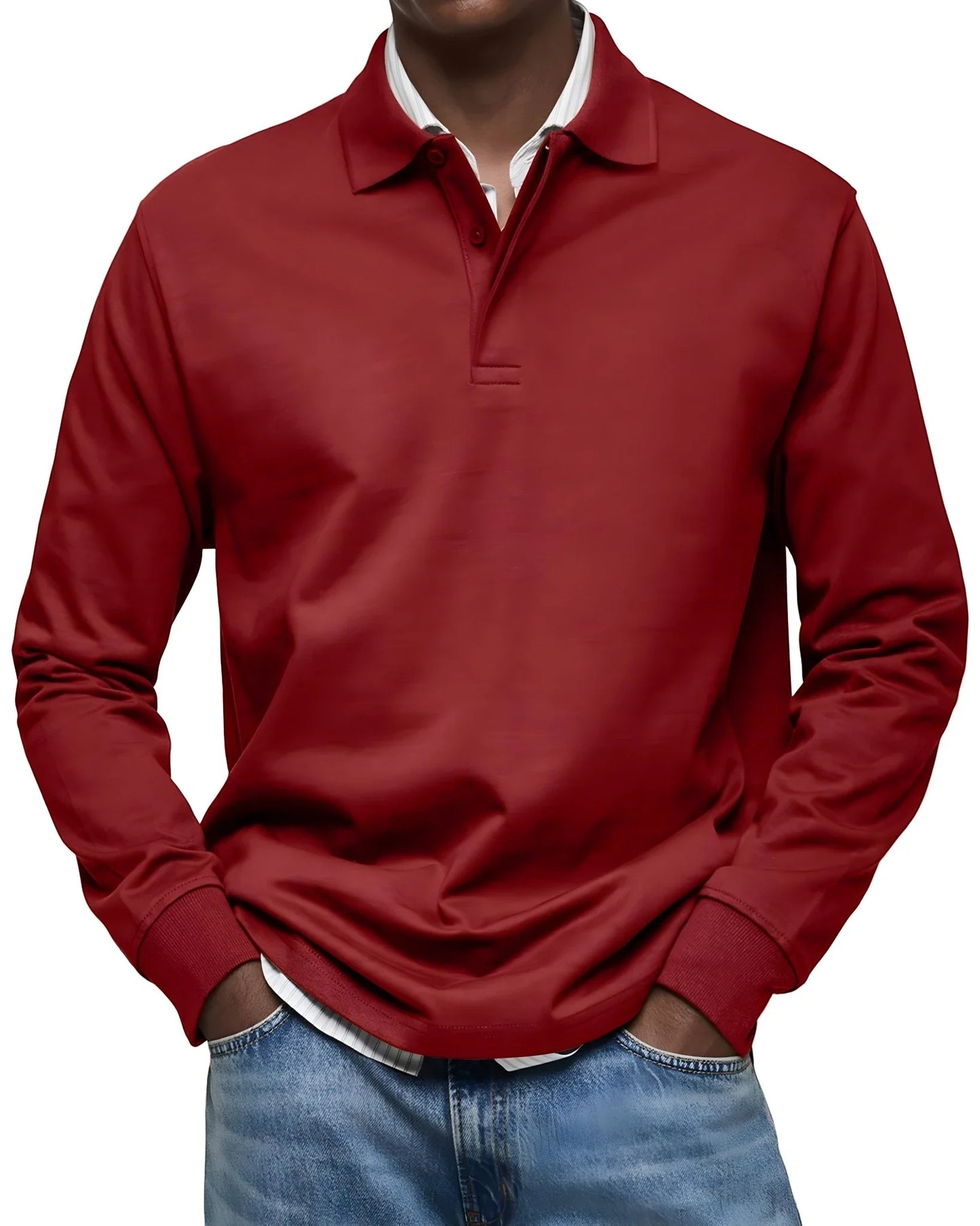 Men's Vintage Slim Fit Polo Shirt with Long Sleeve and V-Neck