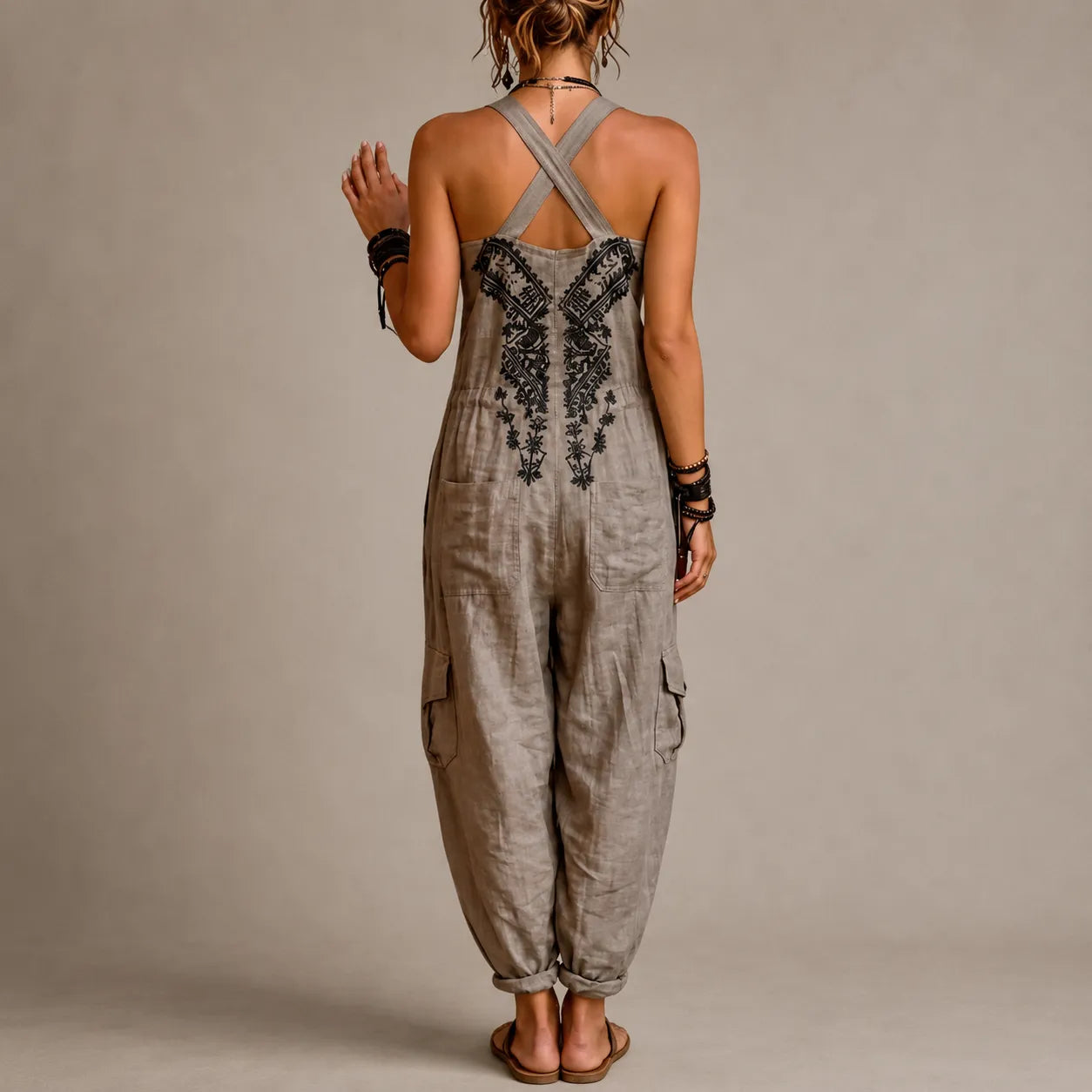 Mono de Mujer Largo Boho Ancho con Bolsillos De Parche