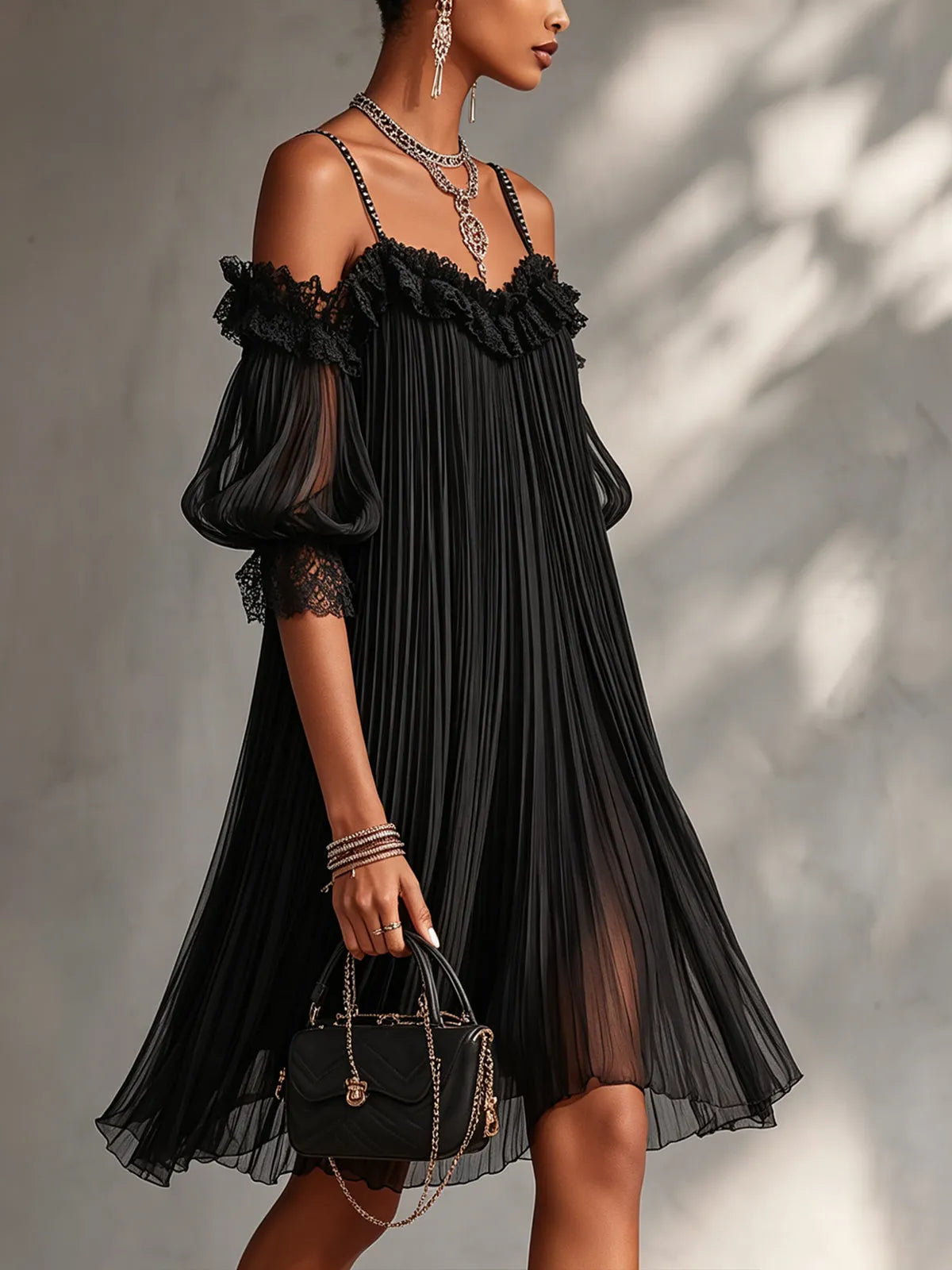 Vestido de Verano Corto Negro Elegante con Hombros Descubiertos