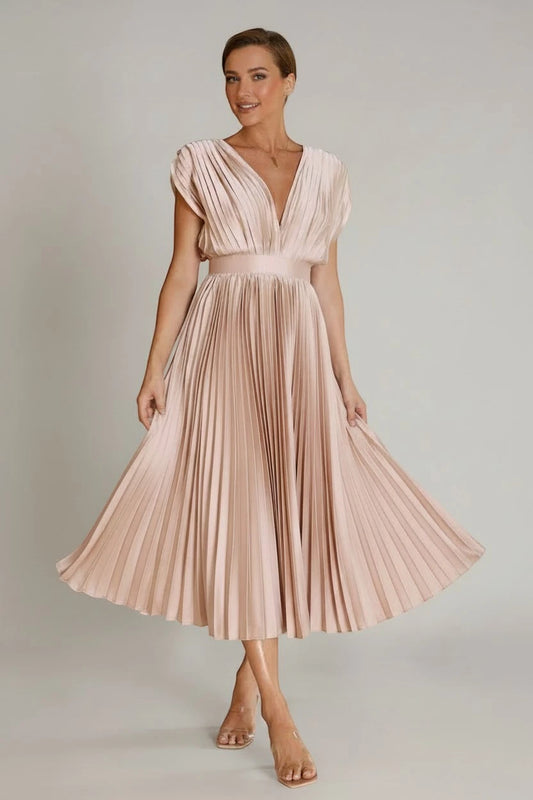 Vestido de Verano Midi Elegante con Plisado Y Escote En V