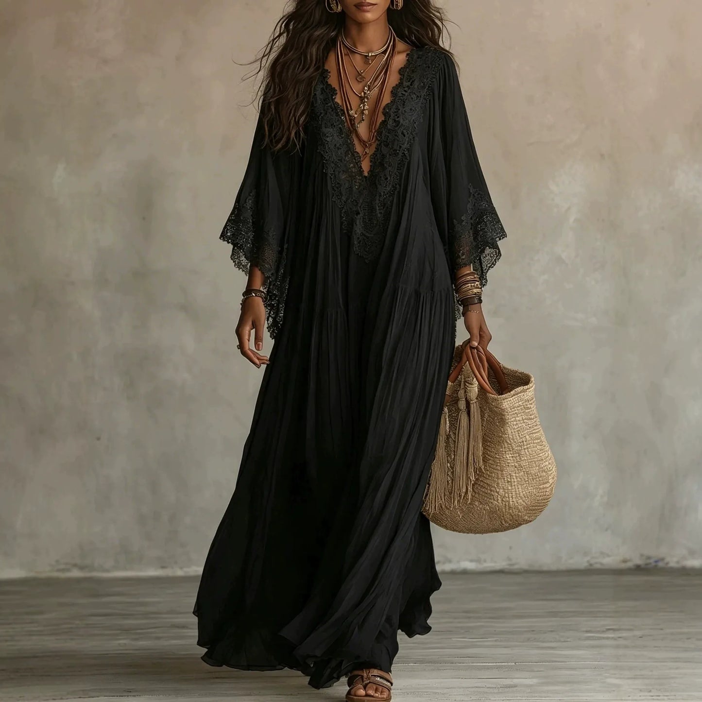 Vestido de Verano Largo Boho Fluido con Mangas Tipo Murciélago