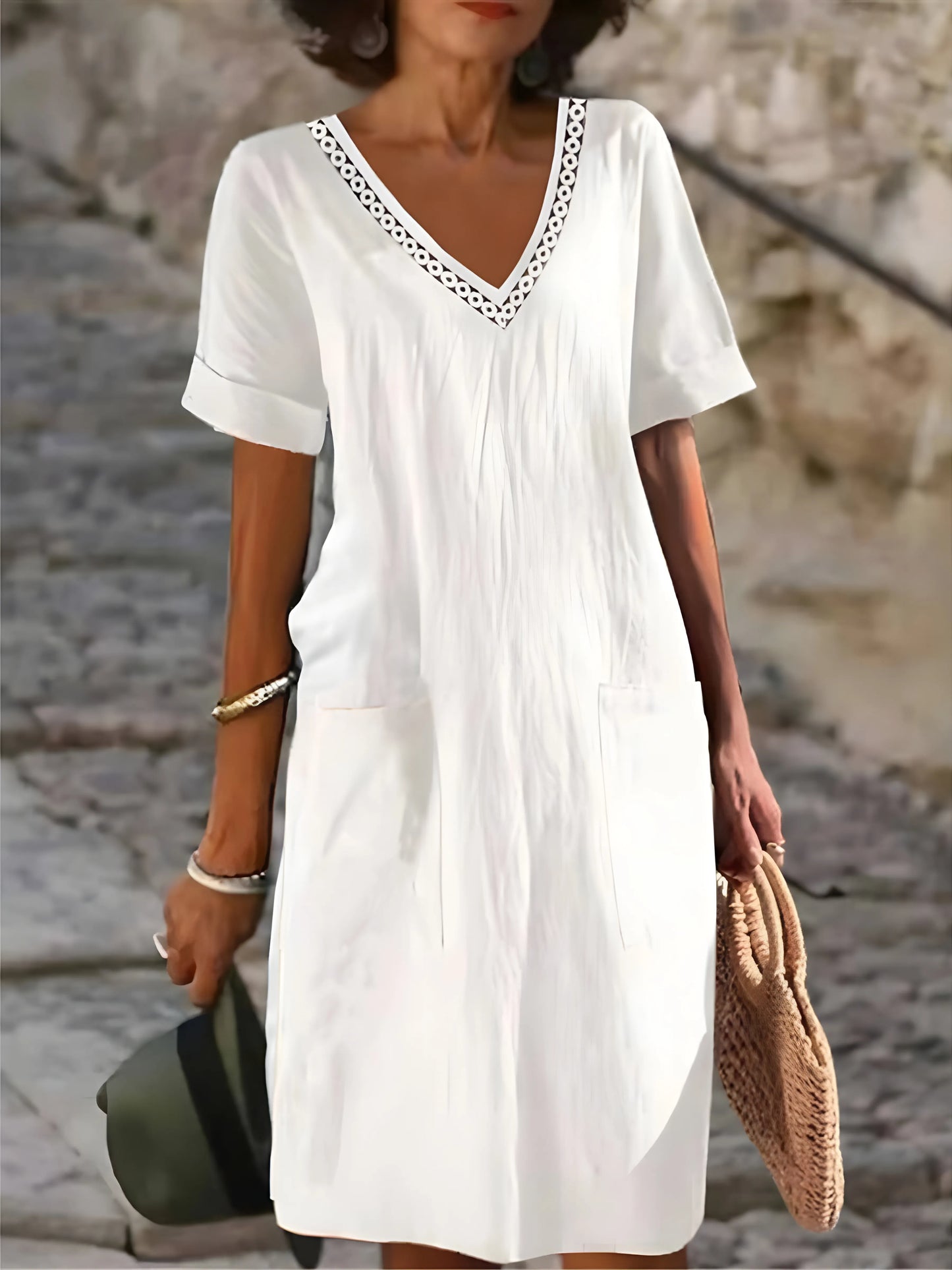 Vestido de Verano Midi Blanco Casual con Manga Corta