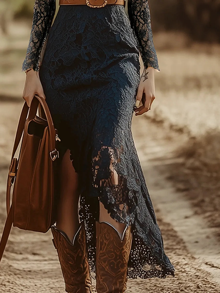 Vestido de Invitada de Boda Midi Manga Larga Boho con Abertura