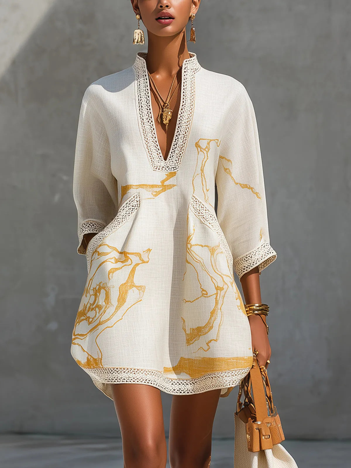 Vestido de Invitada de Boda Corto Elegante Estampado con Cuello en V