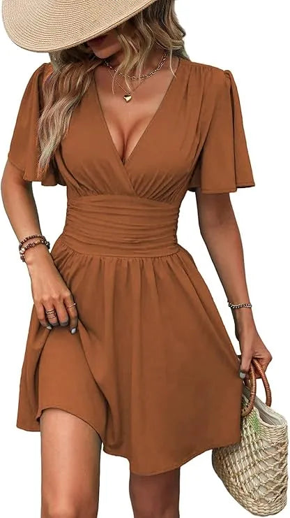 Vestido de Invitada de Boda Corto Elegante Manga Corta con Fruncido