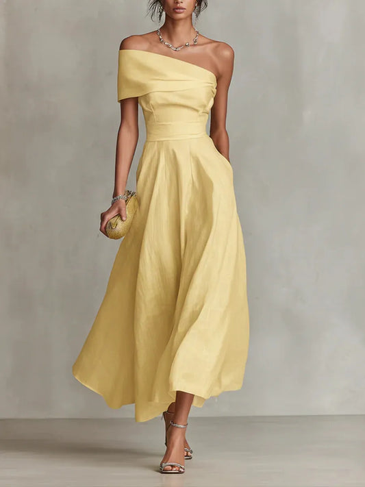 Vestido de Invitada de Boda Largo Amarillo Elegante con Asimétrico