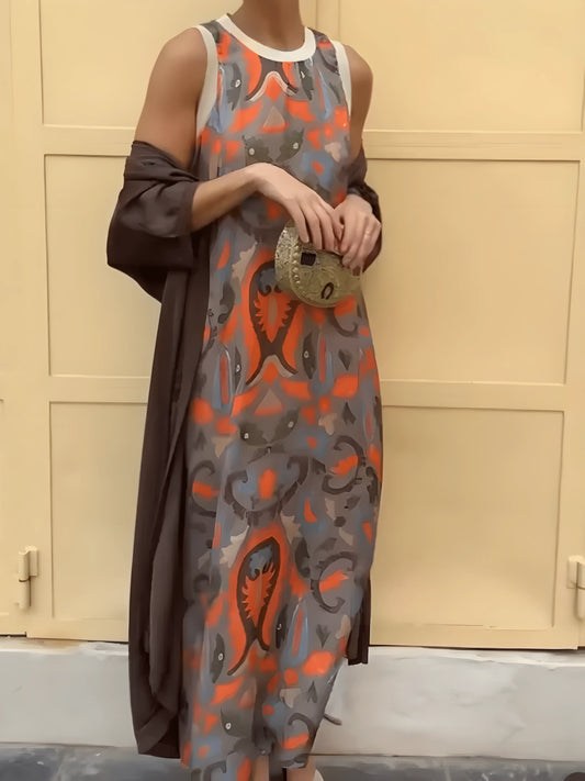 Vestido de Invitada de Boda Largo Boho Estampado con Capa