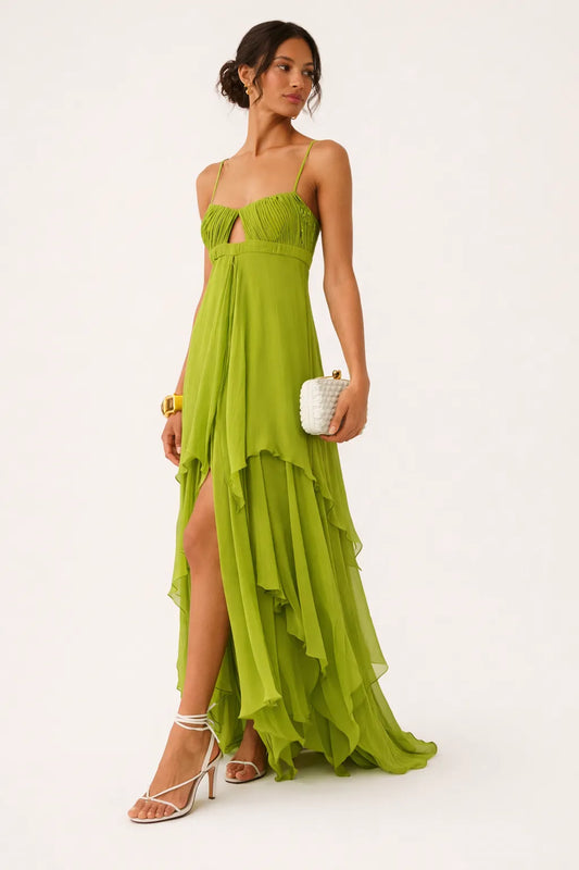 Vestido de Invitada de Boda Largo Boho Volantes con Cut Out