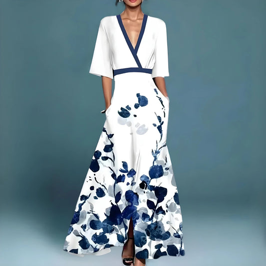 Vestido de Invitada de Boda Largo Boho de Flores con Escote en V
