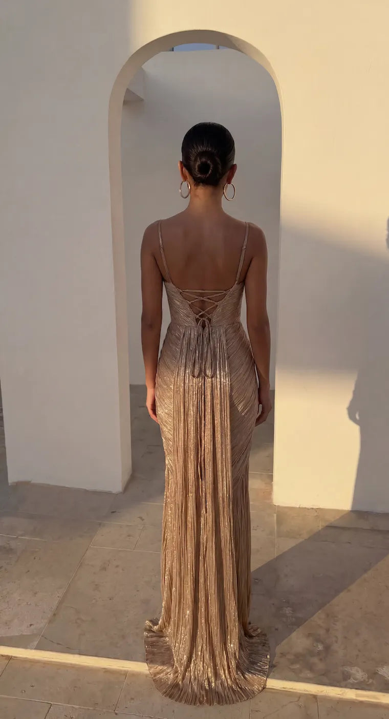 Vestido de Invitada de Boda Largo Dorado Elegante con Corset