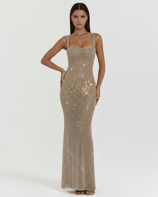 Vestido de Invitada de Boda Largo Elegante Brillante con Espalda Descubierta