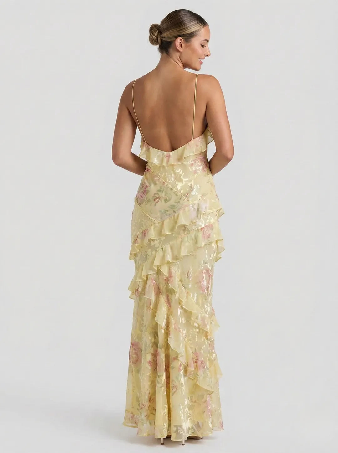 Vestido de Invitada de Boda Largo Elegante Espalda Descubierta con Volantes