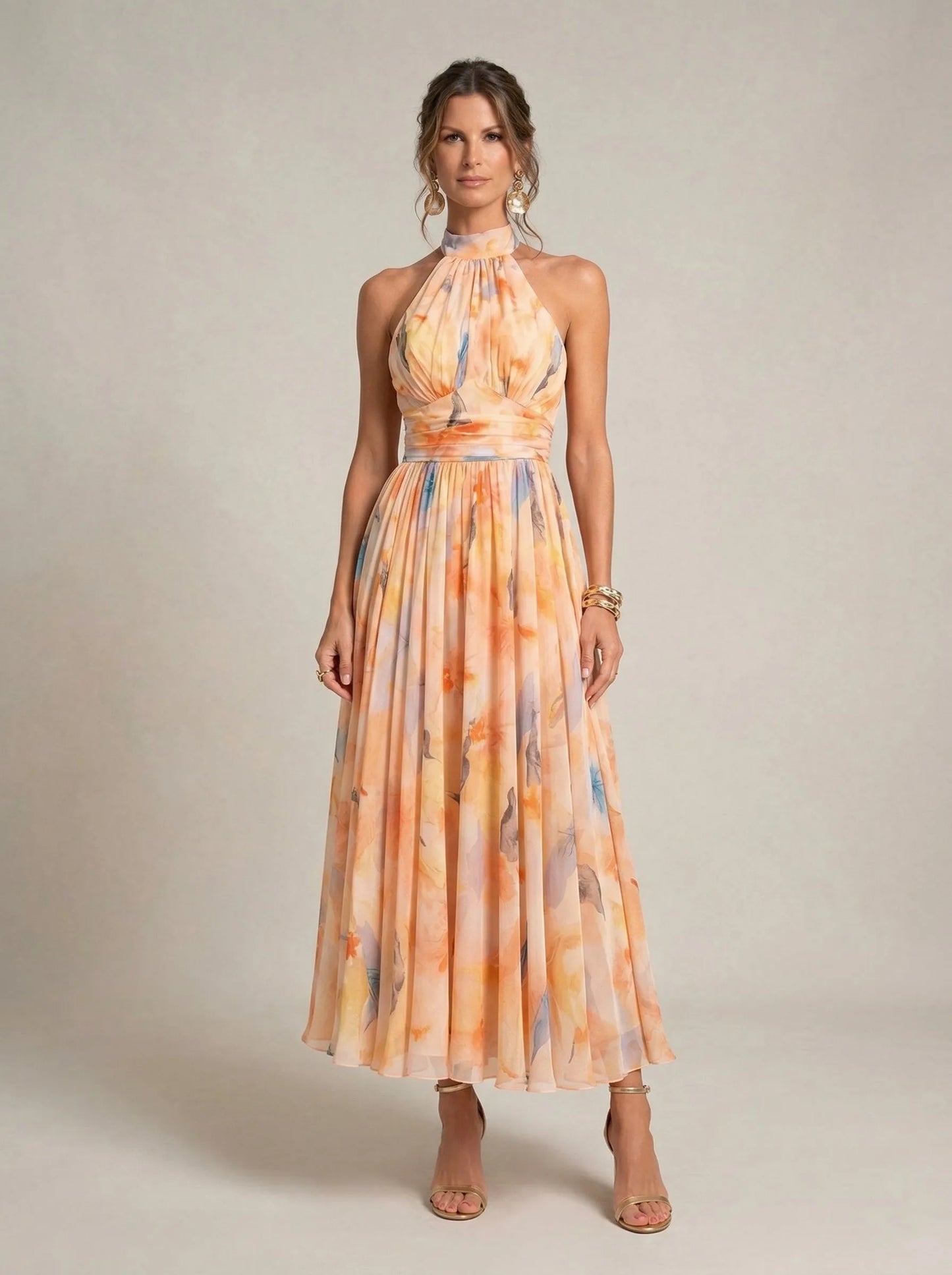 Vestido de Invitada de Boda Largo Elegante Estampado con Cuello Halter