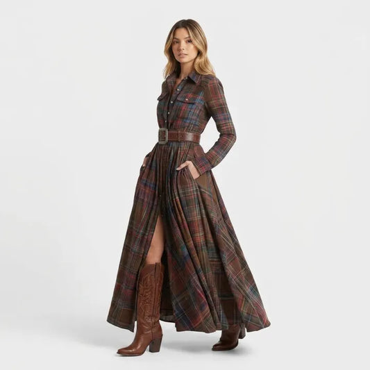 Vestido de Invitada de Boda Largo Elegante Estampado de Cuadros con Manga Larga