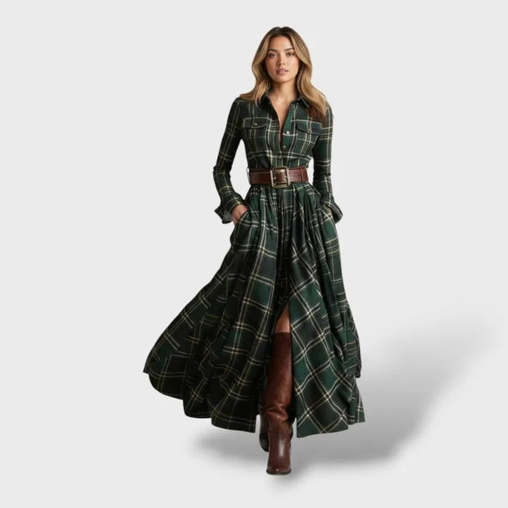 Vestido de Invitada de Boda Largo Elegante Estampado de Cuadros con Manga Larga