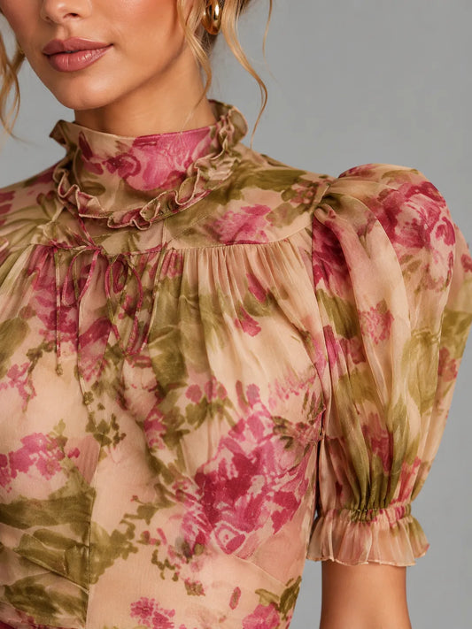 Vestido de Invitada de Boda Largo Elegante Floral con Mangas Abullonadas