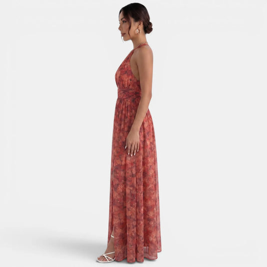 Vestido de Invitada de Boda Largo Elegante Flores con Cuello Halter