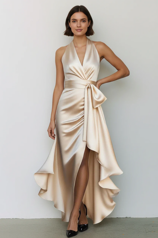 Vestido de Invitada de Boda Largo Elegante Fluido con Escote en V