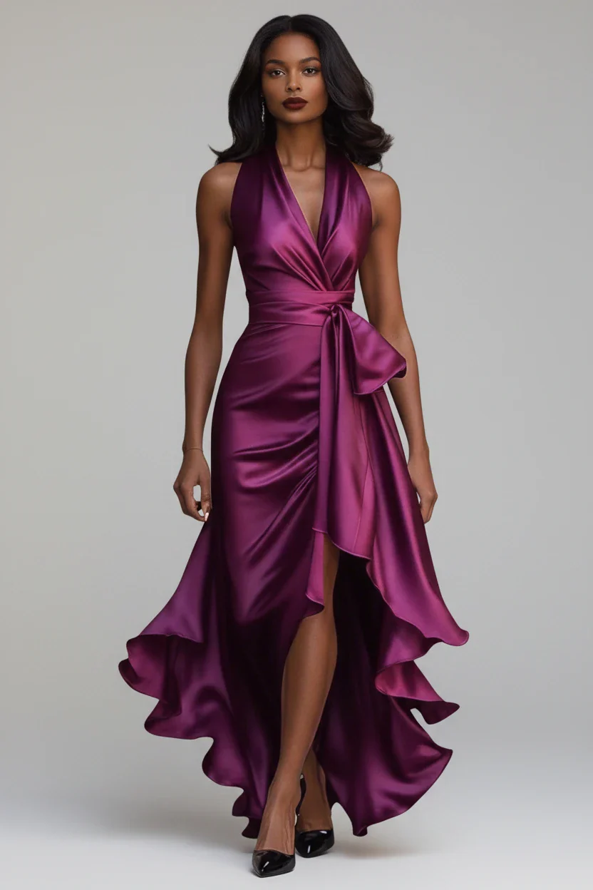 Vestido de Invitada de Boda Largo Elegante Fluido con Escote en V
