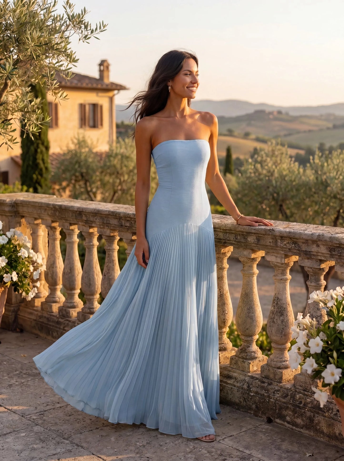 Vestido de Invitada de Boda Largo Elegante Fluido con Palabra de Honor