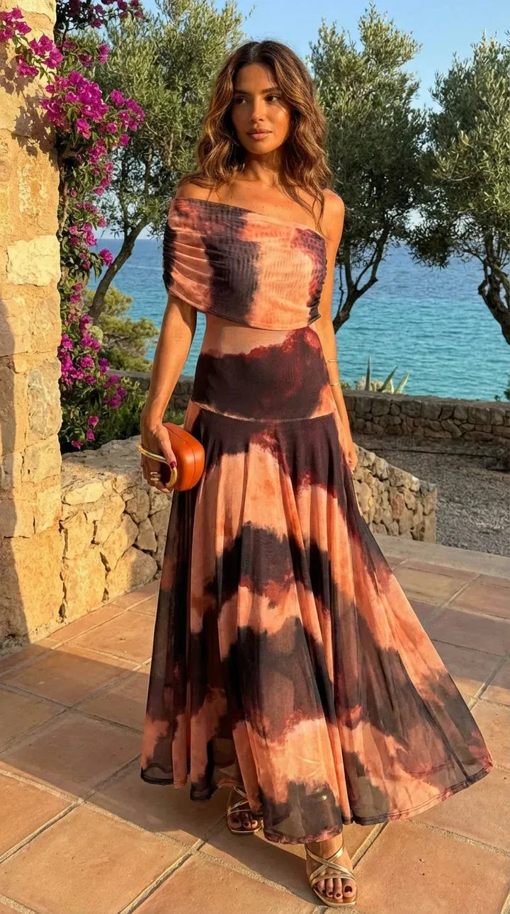 Vestido de Invitada de Boda Largo Elegante Hombros Descubiertos con Asimétrico