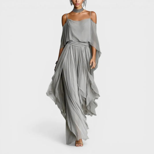 Vestido de Invitada de Boda Largo Elegante Hombros Descubiertos con Draped