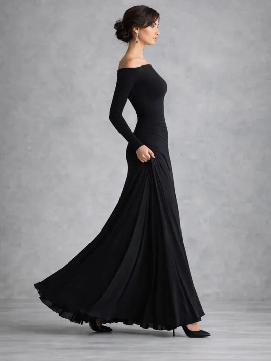 Vestido de Invitada de Boda Largo Elegante Hombros Descubiertos con Plisado