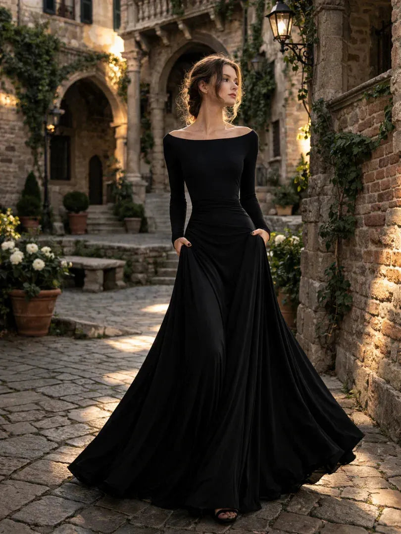 Vestido de Invitada de Boda Largo Elegante Hombros Descubiertos con Plisado