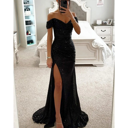 Vestido de Invitada de Boda Largo Elegante Lentejuelas con Hombros Descubiertos
