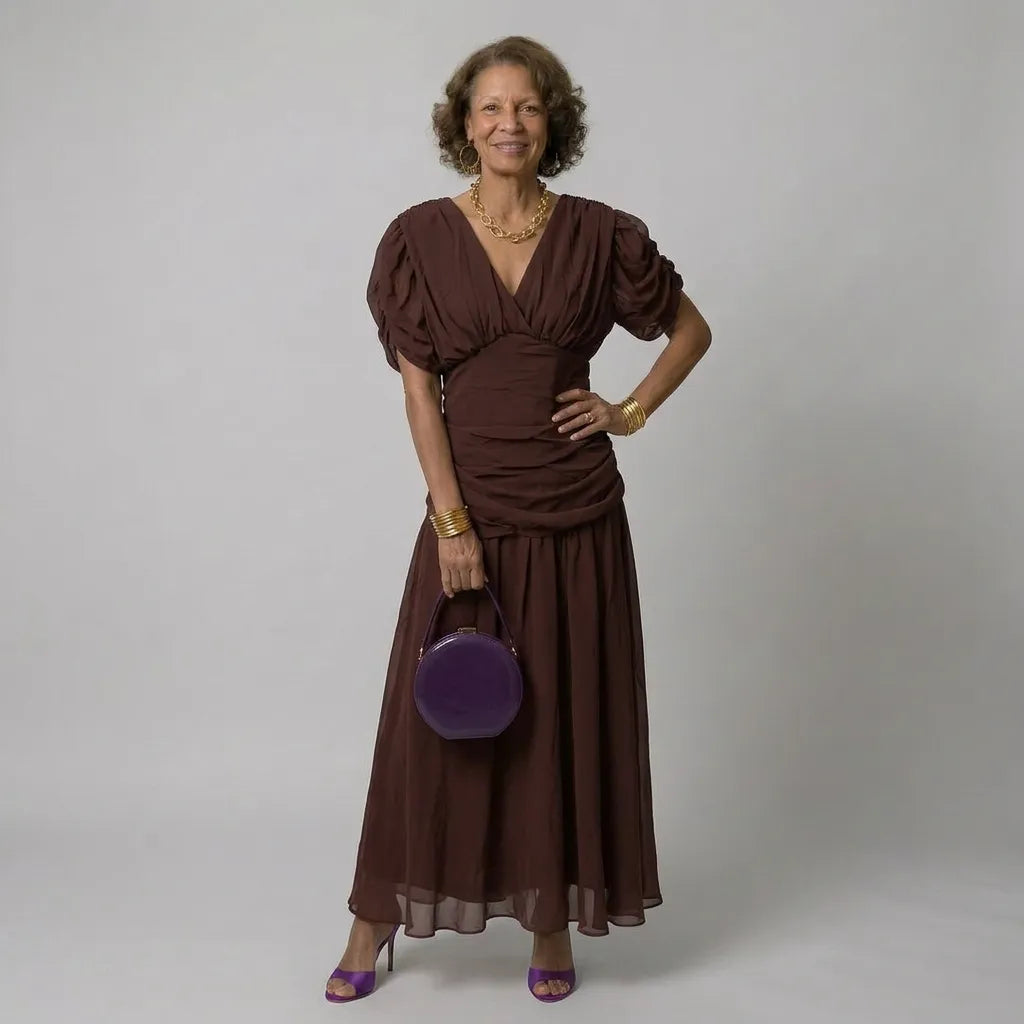 Vestido de Invitada de Boda Largo Elegante Manga Abullonada con Drapeado
