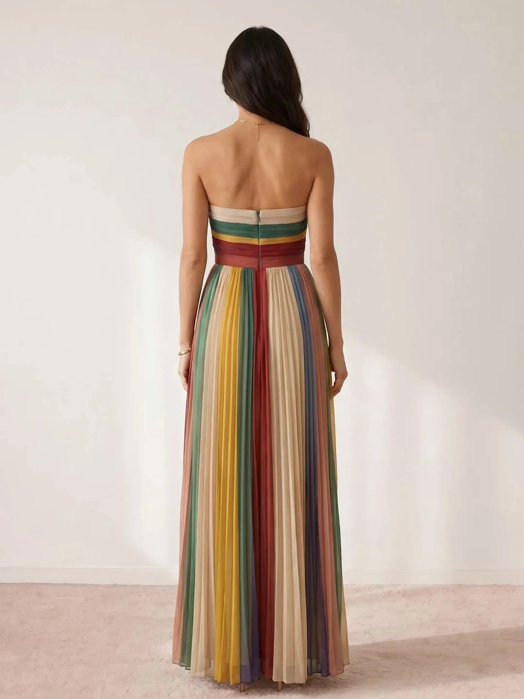 Vestido de Invitada de Boda Largo Elegante Multicolor con Plisado