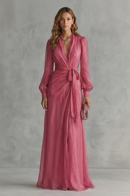 Vestido de Invitada de Boda Largo Elegante Rosa con Manga Larga