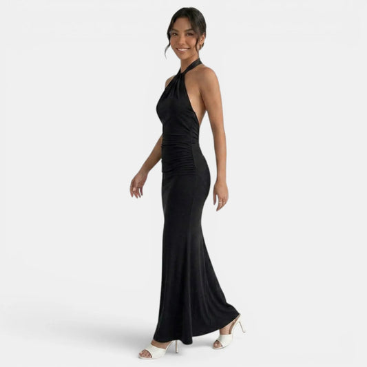 Vestido de Invitada de Boda Largo Elegante con Cuello Halter y Espalda Descubierta