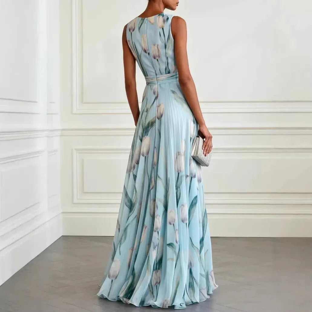 Vestido de Invitada de Boda Largo Elegante de Flores con Cuello Halter