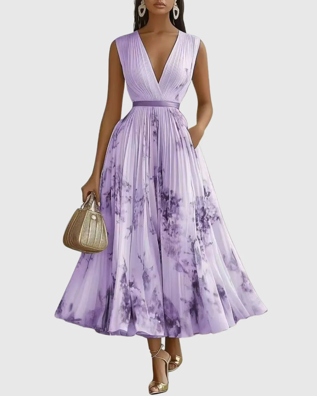 Vestido de Invitada de Boda Largo Elegante de Flores con Plisado