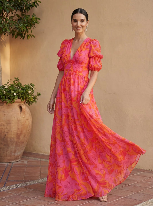Vestido de Invitada de Boda Largo Estampado Elegante con Manga Abullonada