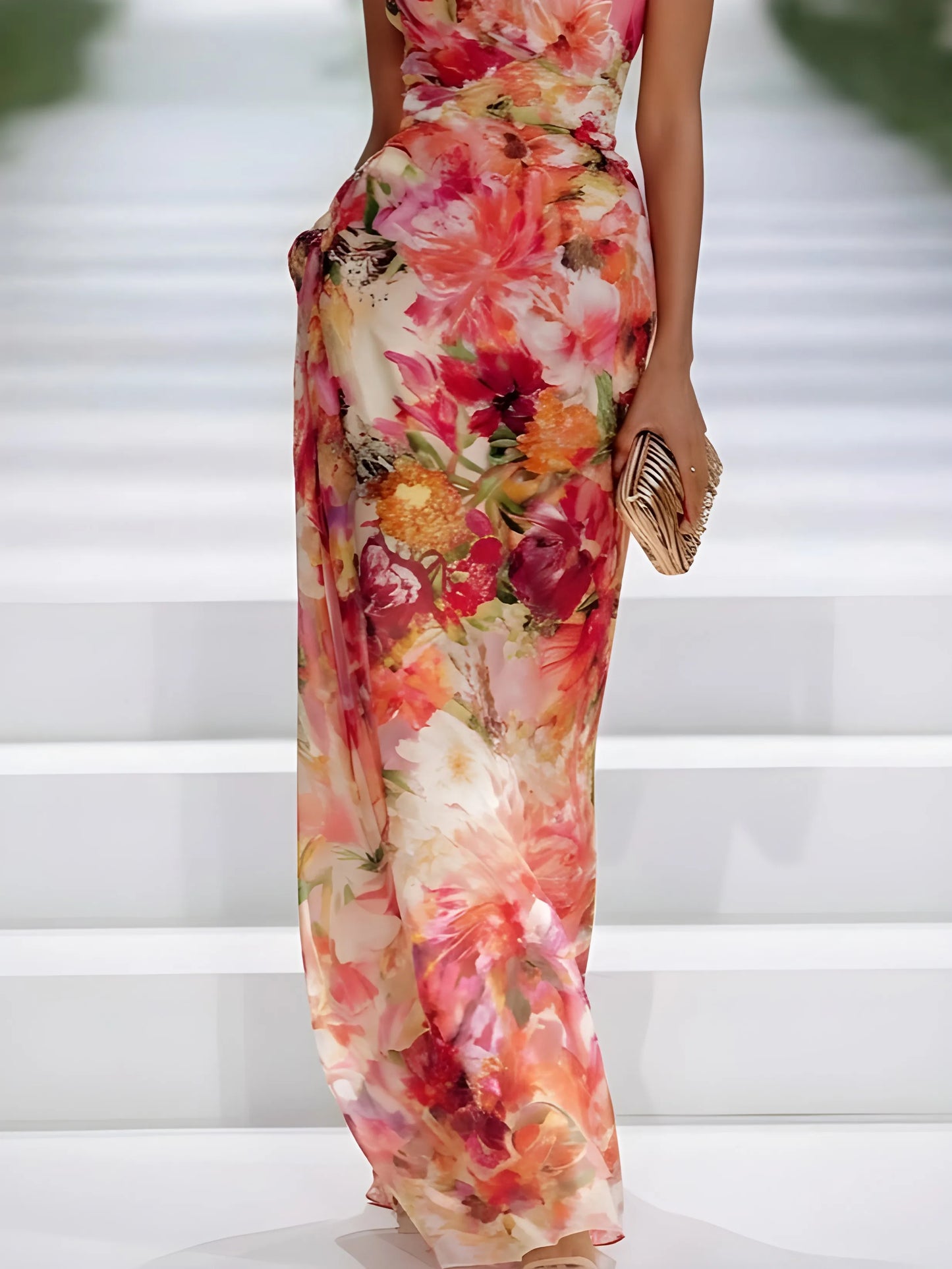 Vestido de Invitada de Boda Largo Estampado Floral con Cuello Halter