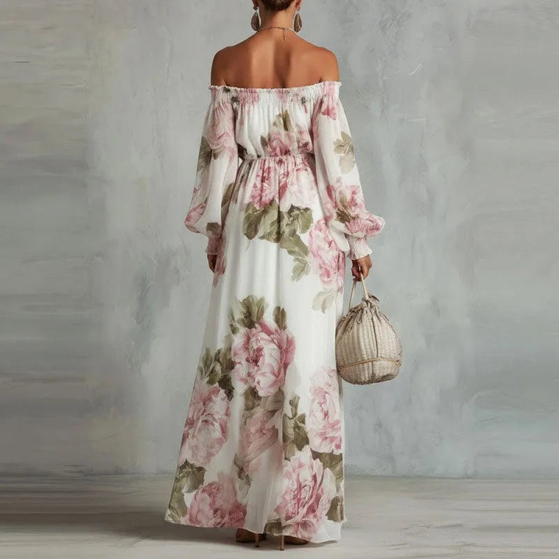 Vestido de Invitada de Boda Largo Floral Elegante con Hombros Descubiertos