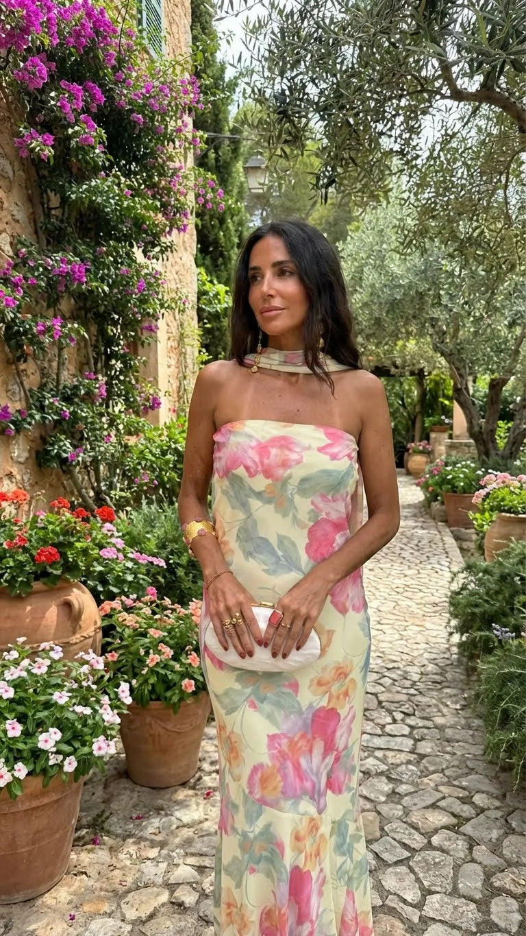 Vestido de Invitada de Boda Largo Floral Elegante con Palabra de Honor