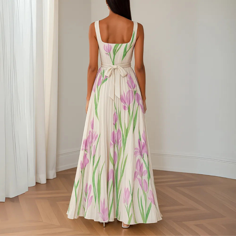 Vestido de Invitada de Boda Largo Floral Elegante con Plisado