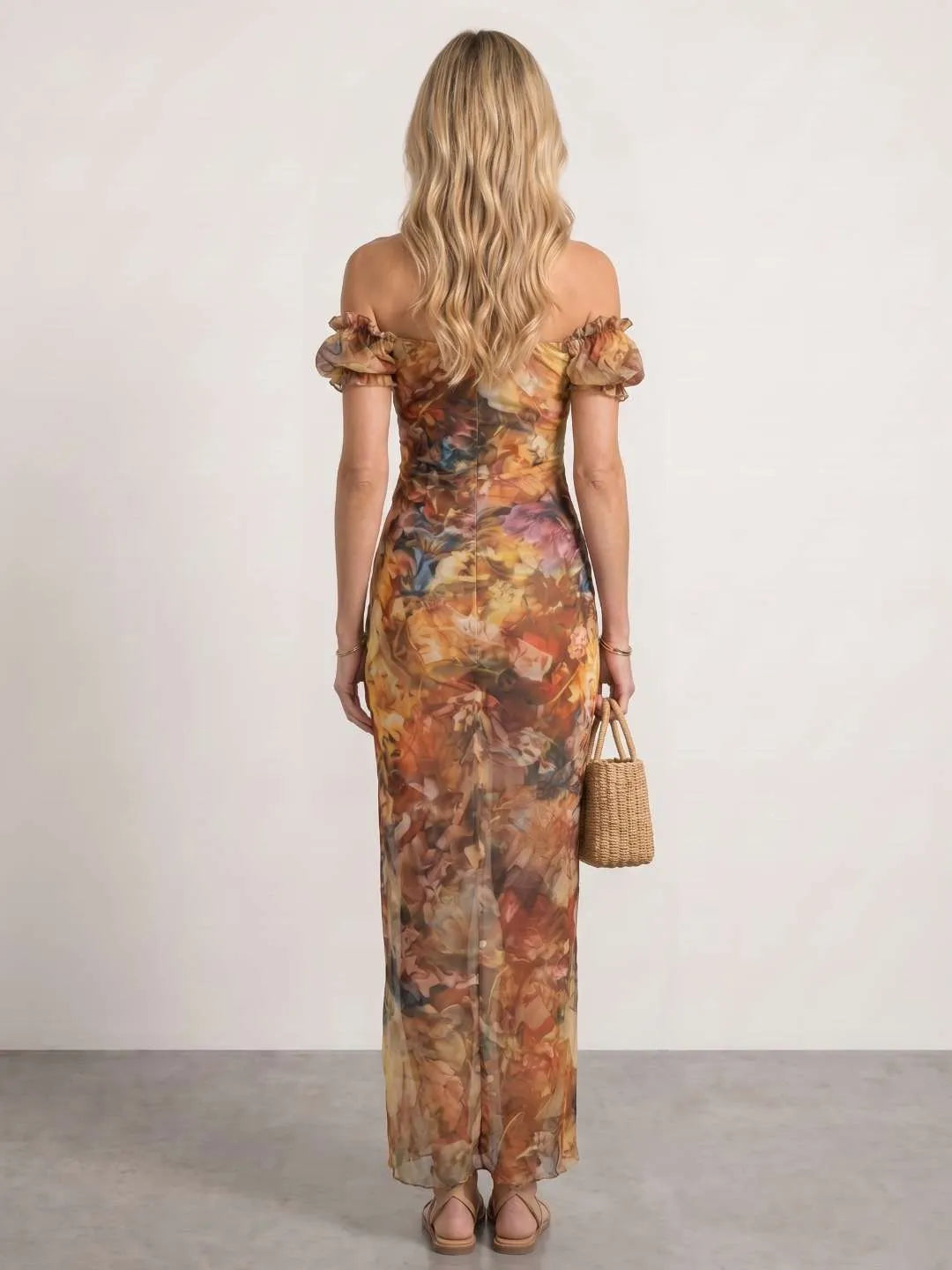 Vestido de Invitada de Boda Largo Flores Boho con Fruncido