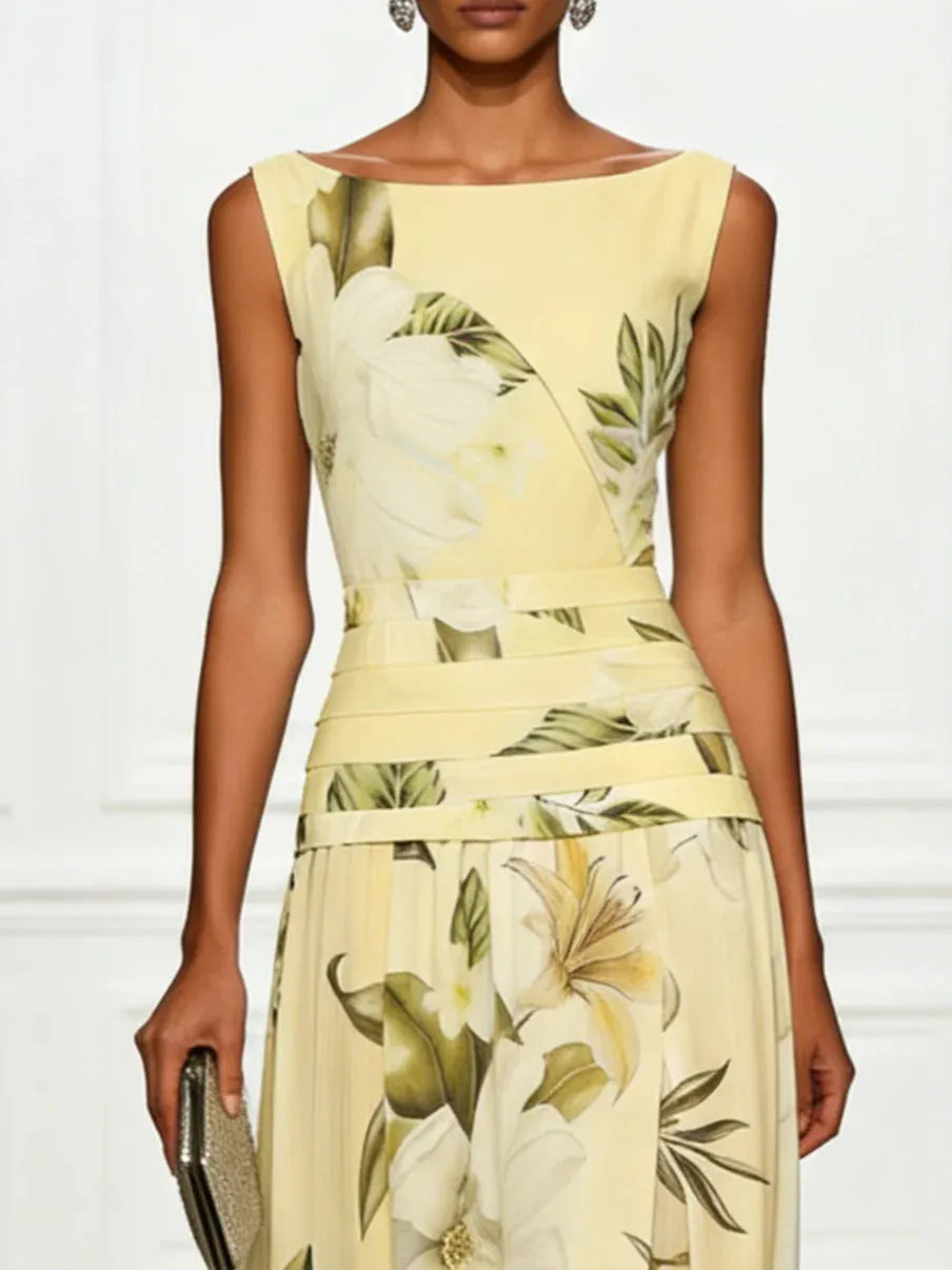 Vestido de Invitada de Boda Largo Flores Cuello Barco con Plisado Detalles