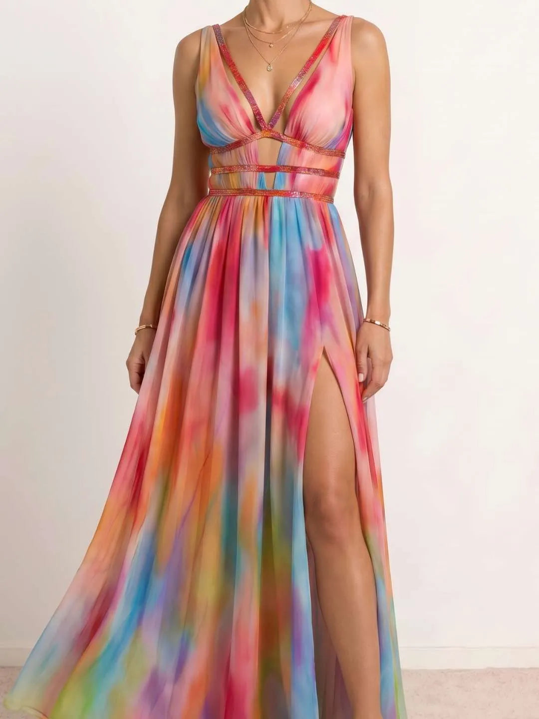 Vestido de Invitada de Boda Largo Fluido Estampado con Cut Out