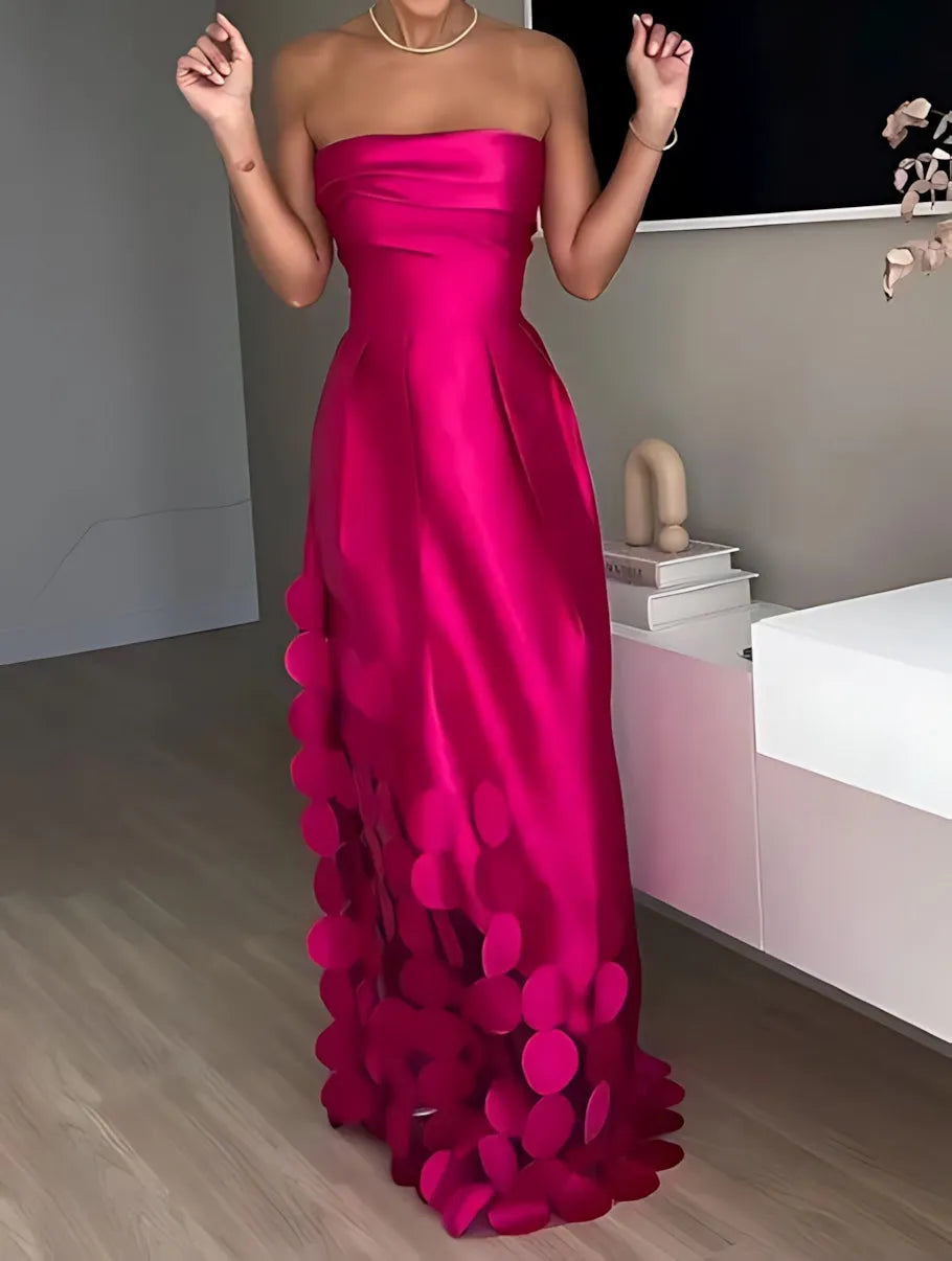 Vestido de Invitada de Boda Largo Fucsia Palabra de Honor con Lunares