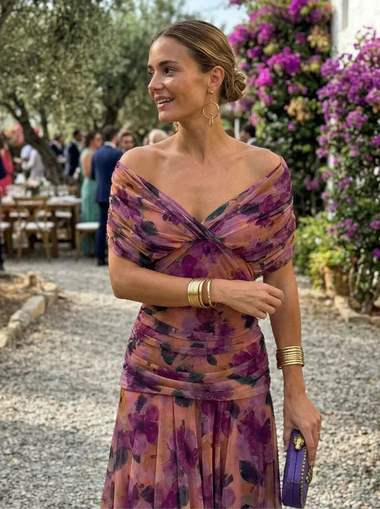 Vestido de Invitada de Boda Largo Hombros Descubiertos Elegante con Drapeado