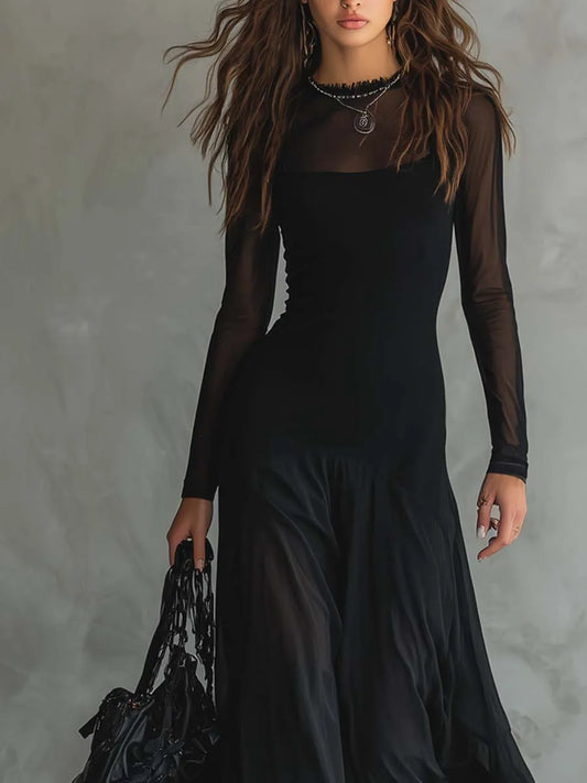 Vestido de Invitada de Boda Largo Negro Vintage con Manga Larga