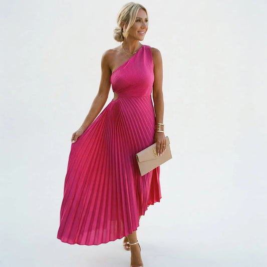 Vestido de Invitada de Boda Largo Un Hombro Plisado con Cut Out