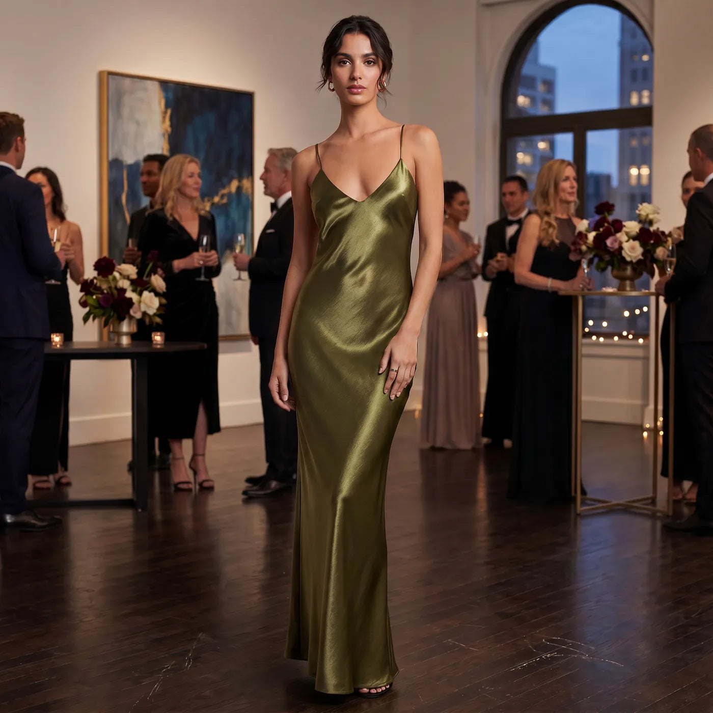 Vestido de Invitada de Boda Largo Verde Elegante con Espalda Descubierta